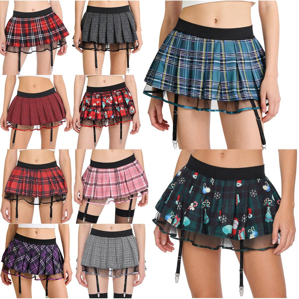 Pleated Plaid Miniskirt with Garters for Women S-XXL: Schoolgirl Cosplay Design with Tulle Lining & Elastic Waistband for Club Dance