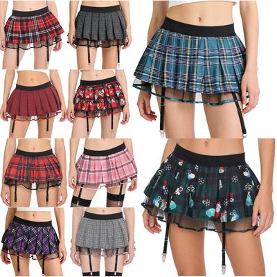 S-XXL Women’s Clubwear Skirt: Schoolgirl Style Pleated Plaid Layer with Tulle Lining & Garters, Elastic Waistband for Single Party Dance