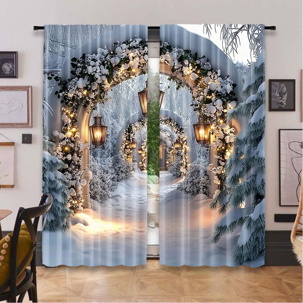 2Pcs Christmas Curtains Xmas Tree Christmas Arches Wall Corridor Large White Snow Scene Suitable For Bedroom Living Room Dining