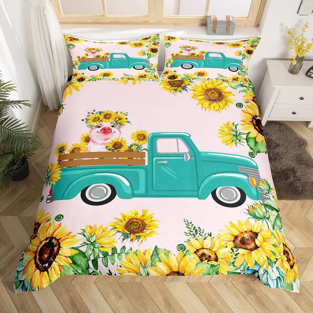 Cute Pig Duvet Cover Set Rose Flower Princess Bedding Set,Girls Women Room Decor,Cartoon Livestock Animal Rustic Comforter Cover