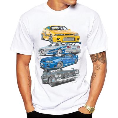 Vintage Tričko s potiskem auta Skyline z Rychle a zběsile, Módní pánské tričko s krátkým rukávem, Vtipné chlapecké ležérní topy, Hipsterské pánské bílé tričko