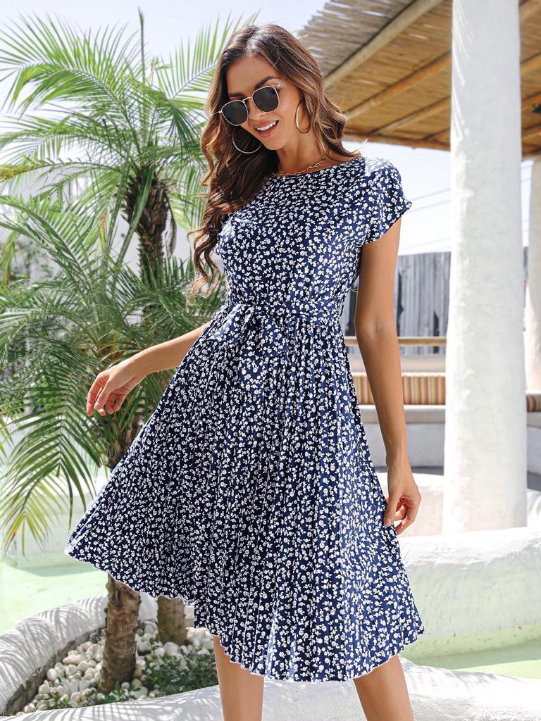 2023 Spring/Summer Women's Floral Tie-Up Dress with Pleated Skirt - European & American Style, Short-Sleeved, Casual