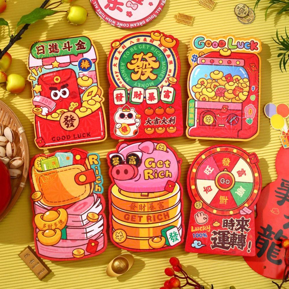 6Pcs Cartoon Chinese Snake Year Red Envelope Best Wishes Traditional Lucky Money Envelopes Thickened Blessings Printing Hong Bao