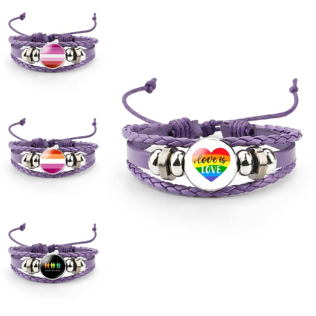 Unique Purple Leather Bracelet With Rainbow Flag Time Gemstone For Men And Women