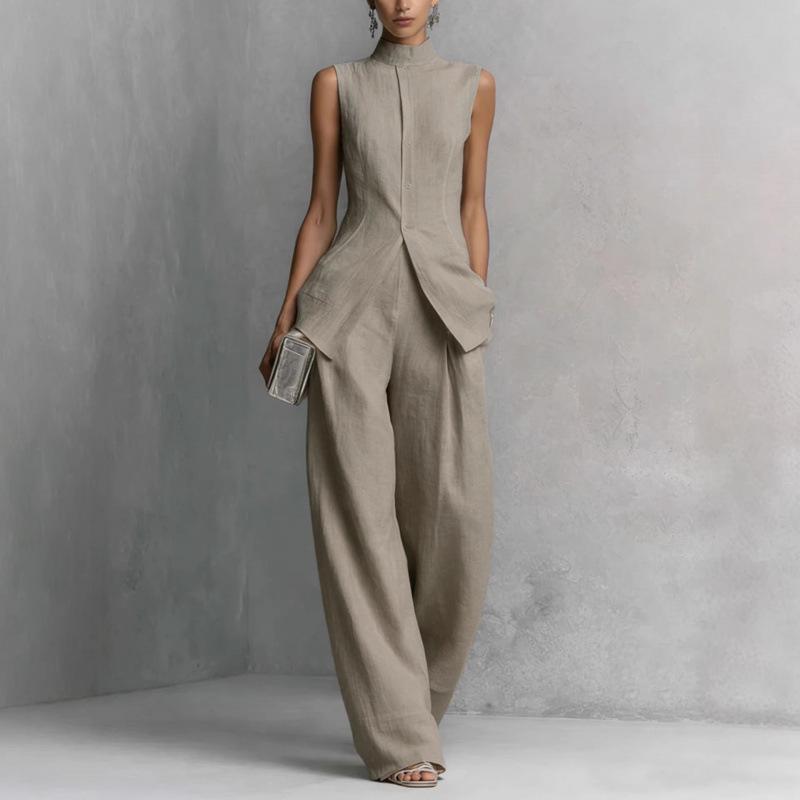 European-American Cotton Linen Drape Sleeveless Shirt & Long Pants Fashion Set