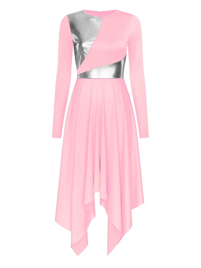 Womens Worship Dance Dress Metallic Color Block Long Sleeve Irregular Hem Liturgical Performance Costume for Church