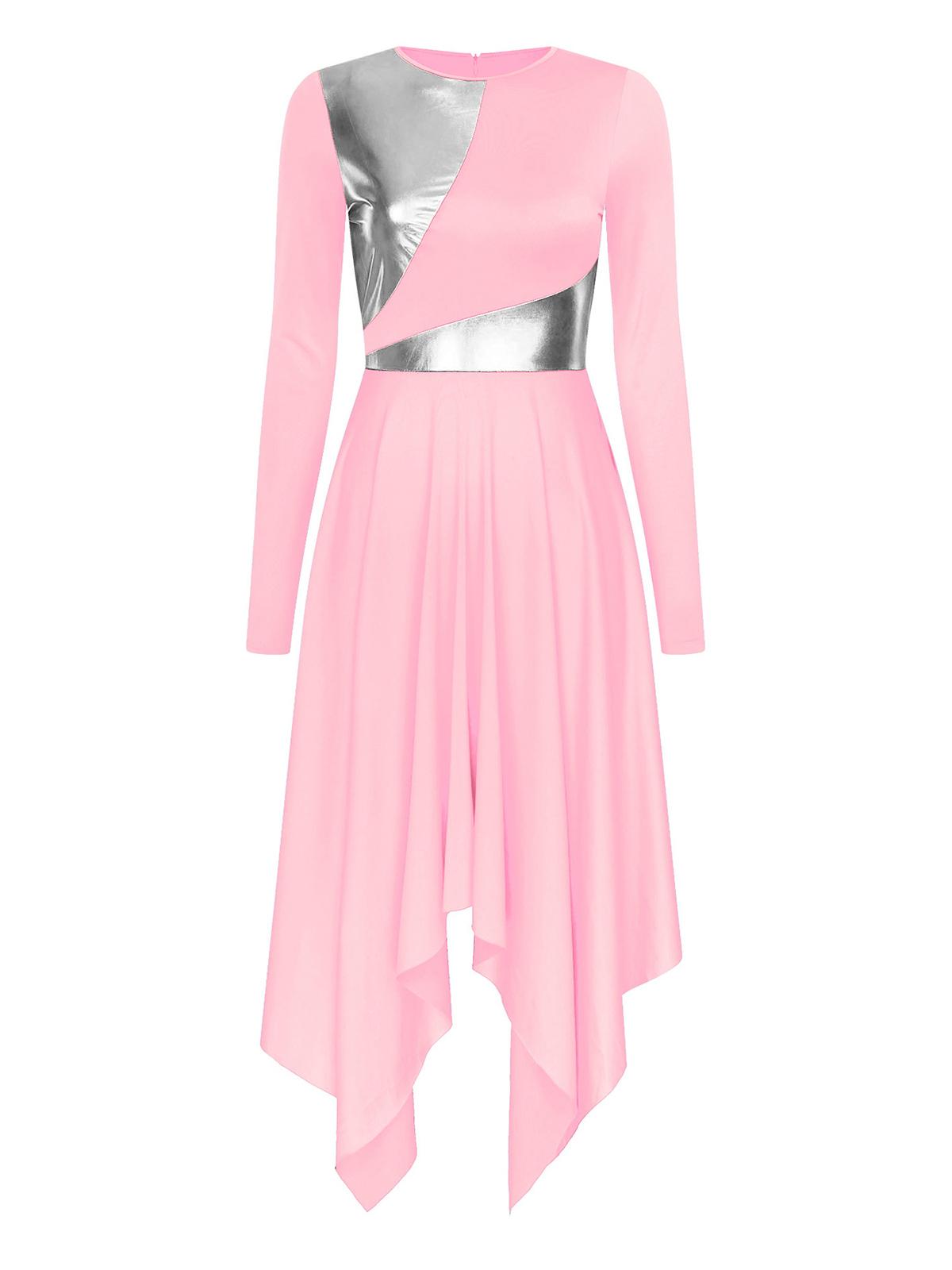 

Womens Metallic Color Block Liturgical Dance Dress Long Sleeve Irregular Hem Church Worship Dancewear S