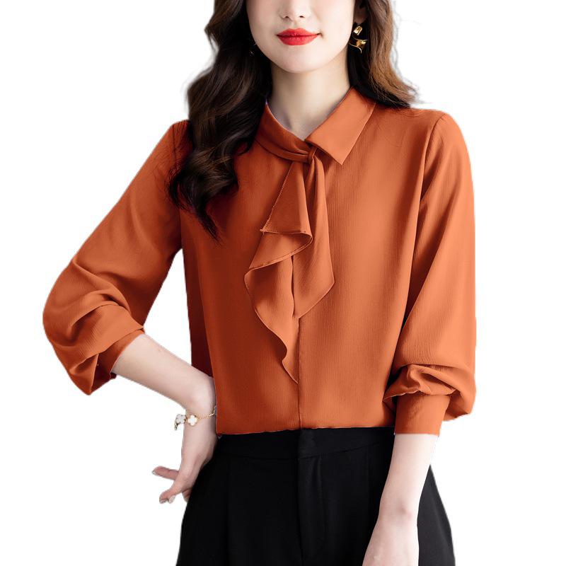 Spring 2025 French Chiffon Ribbon Shirt - Age-Reducing Long Sleeve Top for Women