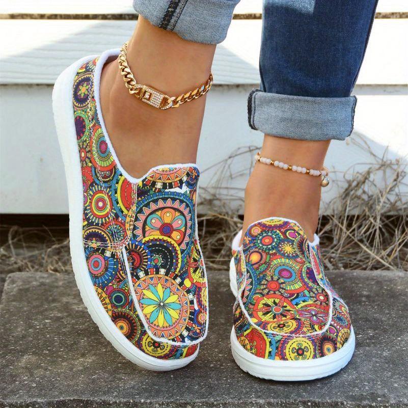 Women's Colorful Mandala Slip-On Loafers - Lightweight, Comfortable Fabric Upper, Vibrant Round Toe Shoes for All-Day Wear