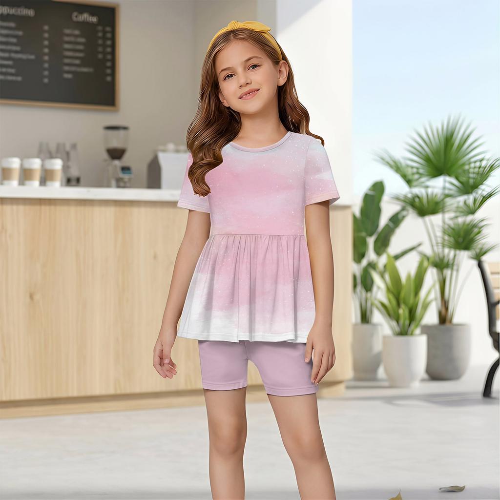 Girls Summer Outfit Set Short Sleeve Ruffle Hem Top and Shorts with Heart Pattern Casual Lightweight Clothing for Kids