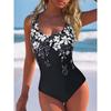 Summer Sexy Leaf Pattern Printed One-piece Swimsuit Slim Fit and Slimming, Deep U-back Design, Beach Pool Vacation Eye-catching Fashion Swimsuit