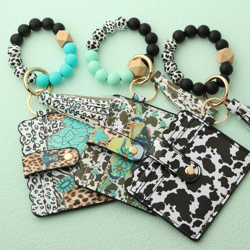 Bull Silicone Beads Bracelet Pu Leather Purse Leopard Print Tassel Cow Wallet Keychain Silicone Beaded ID Card Holder Keychain