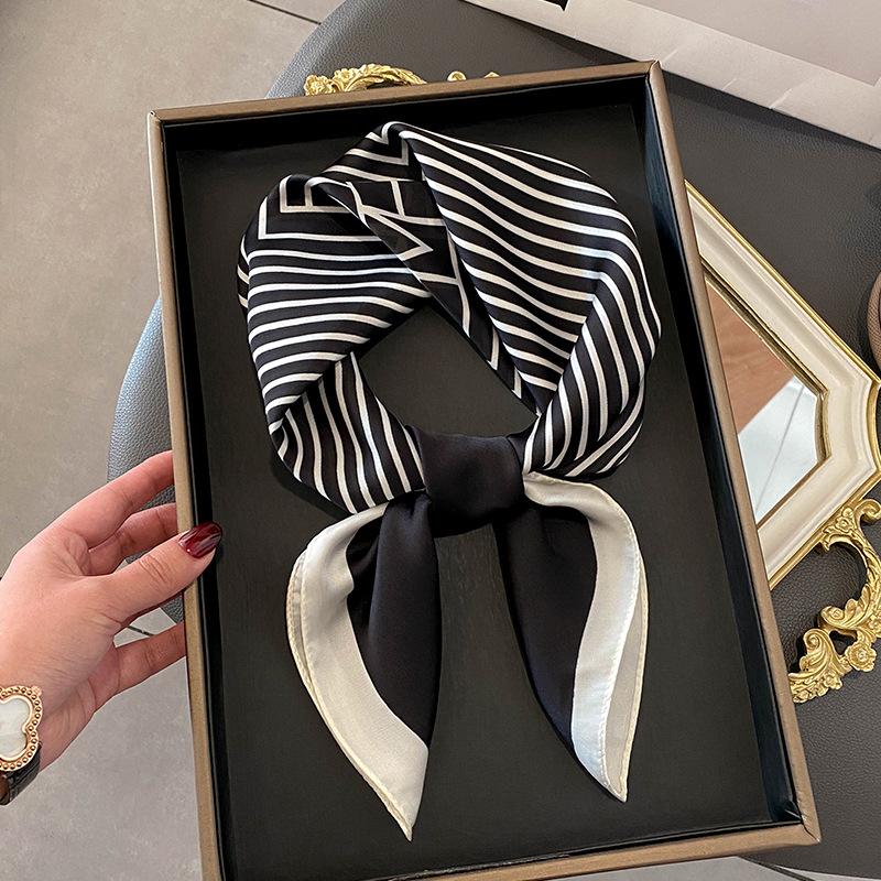 Luxury Design Silk Skinny Scarf Bag Handle Ribbon Ladies Little Cat Print Headband Small Hair Scarves Band Female Handkerchief