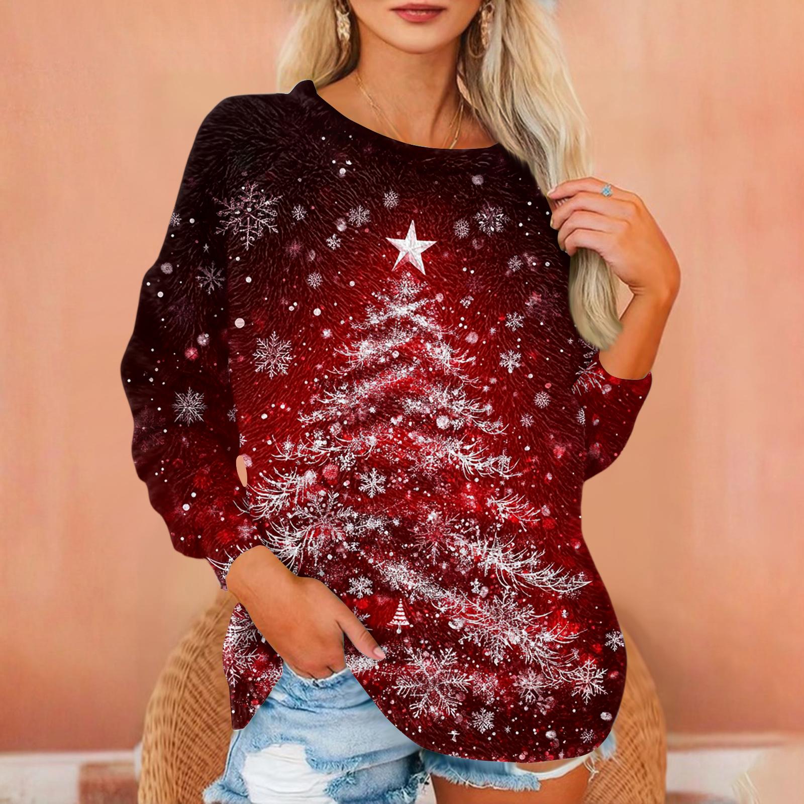 

Женская футболка Фланелевый принт Туника Длинный рукав Вечеринка Круглый вырез Топы XL винный