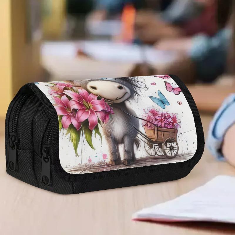 1pc Double Layer Flip Pencil Case - Cute Donkey with Flower Cart, Large Capacity, Portable Polyester Pen Storage Bag with Zipper Closure, Ideal for Sc