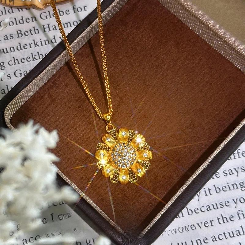 Luxury Pure Gold Real Gold Women's Ice Crushed Double Layer Sunflower Daisy Salkin Pendant Clavicle Chain