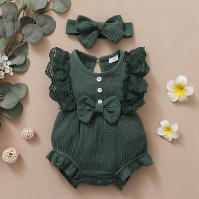 2 pz/set Neonate Neonate Arco Carino Pagliaccetto Abiti Estivi Pizzo Manica Increspato Tuta Tuta + Fascia Vestiti Infantili 0-18 M