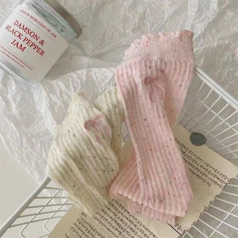 5 Pairs of Female Spring and Summer Thin Embroidery Bow Hollow Tube Stack Socks