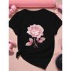 Womens Black T Shirt Pink Rose Print Casual Short Sleeve Crew Neck Machine Washable Summer Workout Casual Top