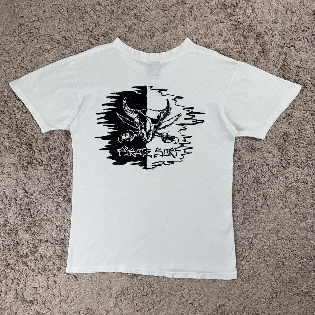 Vintage Distress Pirate Surf T-Shirt SIZE M/ Surf Tee/ Distress Tee/ White Tee/ Skull Design