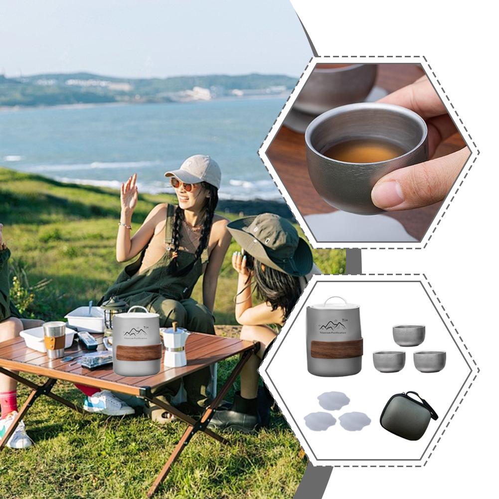 Tasse aus Titanlegierung Tragbares Reise-Teeset Outdoor-Camping Teezubereitungstasse 1 Stück Titantasse und 3 Stück Teetassen Outdoor-Geschirr