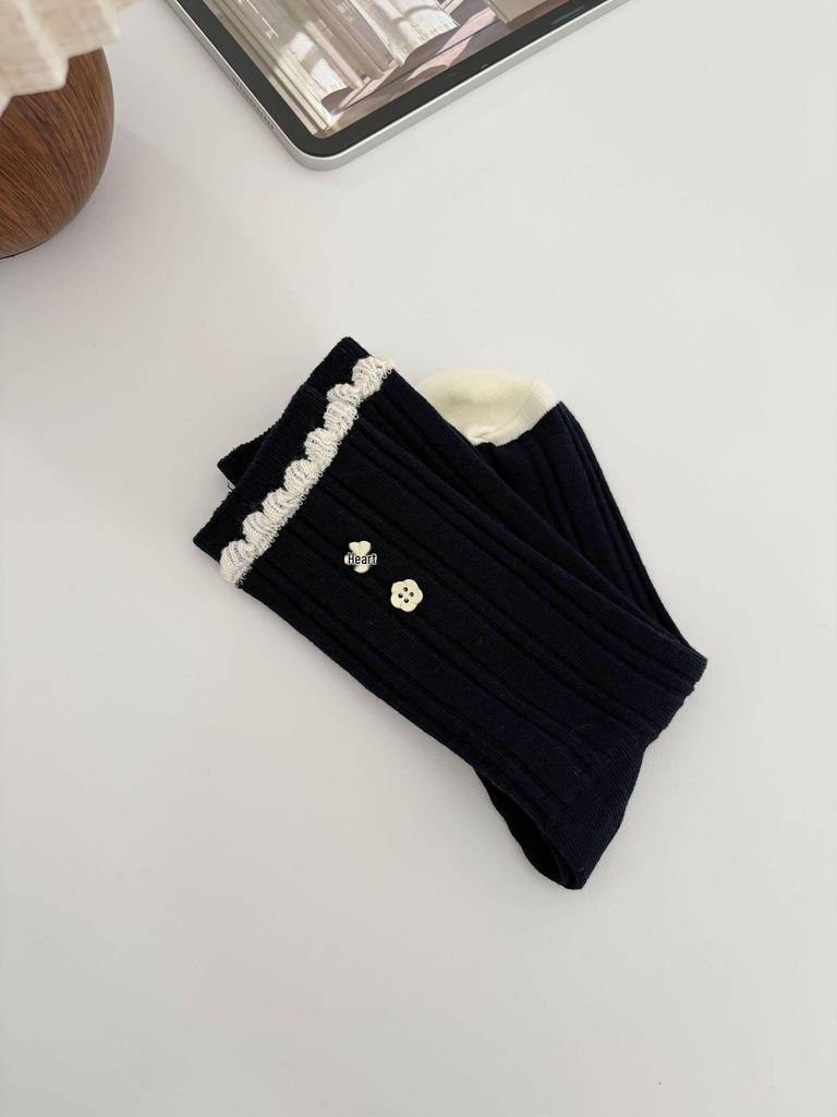 Korean Style Navy Preppy Plaid Bow Mid-Calf Socks with Flower Button and Lace Cuff for Women