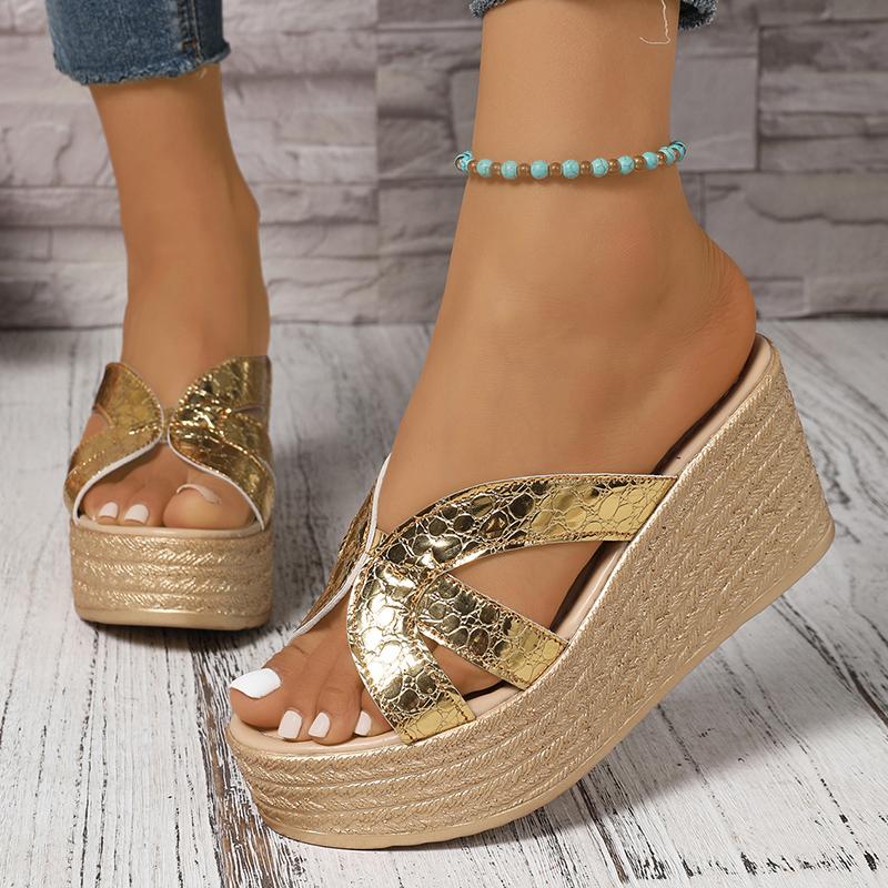 Fashion Women's Platform Wedge Sandals Summer Fashion Gold Silver Wedge Heel Sandals Woman Brand Design Thick Bottom Beach Slipper 35-43