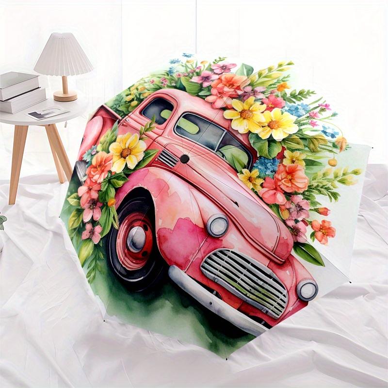 Vintage Pink Truck with Colorful Flowers - Watercolor Art PrintUmbrella, Portable 3-Fold Compact Umbrella for Men & Women Gift