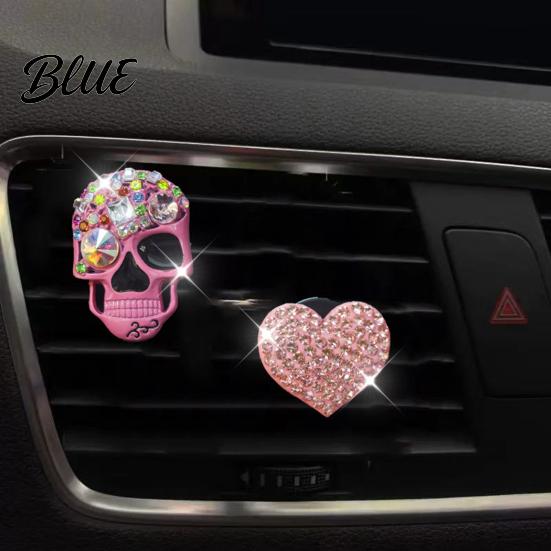 Totenkopf Herz Auto Dekoration 2 Stück Bling Lüftungsschlitz Clips Strass Glänzend Duft Diffusor Armaturenbrett Zierleiste Clip Lustiger Kopf Auto Innenraum Ornament Halloween