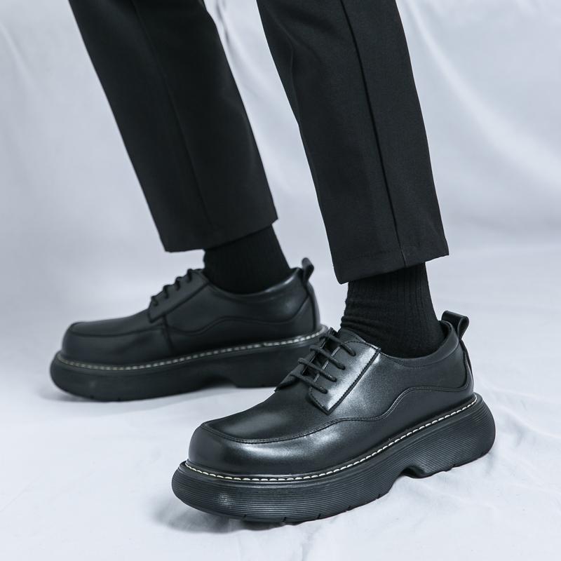 Thick soled casual men's leather shoes trendy design styles Street Party Outdoor Youth Daily Shoes Black Versatile