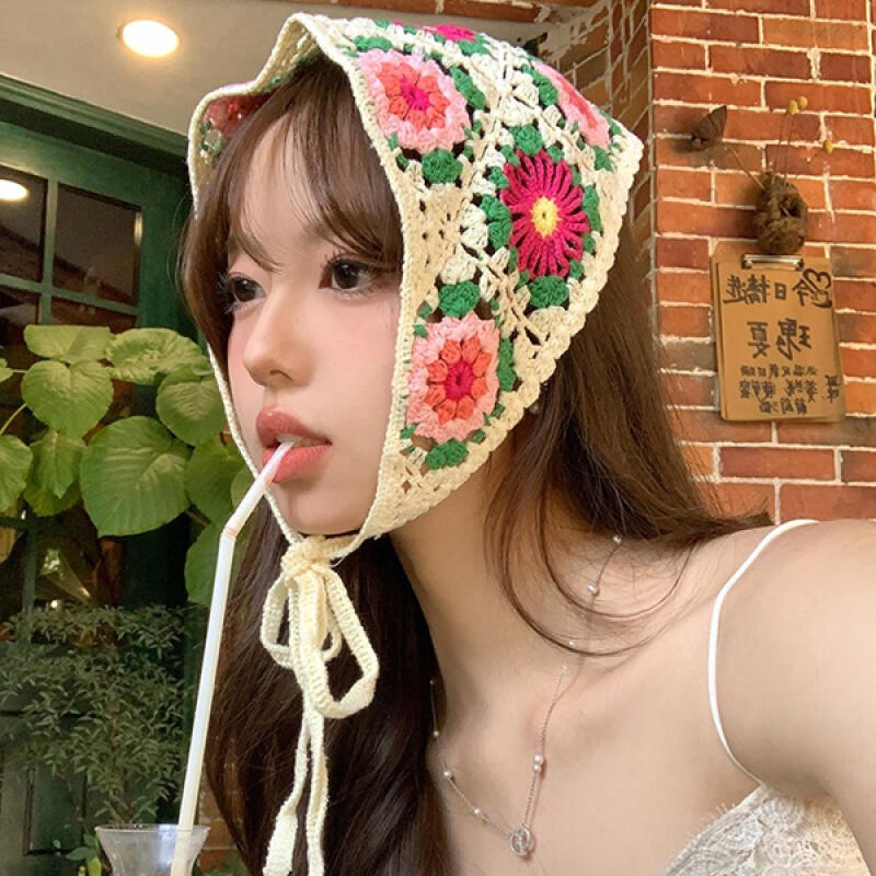 

Ftether Crochet Embroidery Country Pink Knit Bandana Bonnet pink
