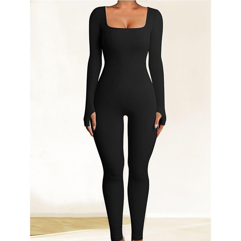 European Thread Women s Square Neck Long Sleeve Yoga Bodysuit with Waist-Cinched Design S