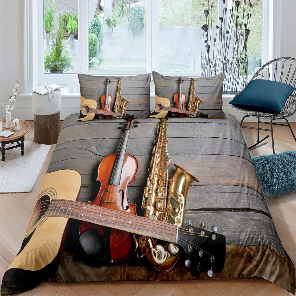Violin King Queen Duvet Cover Flowers Roses Bedding Set Stringed Instruments Comforter Cover Fashion Music Polyester Quilt Cover