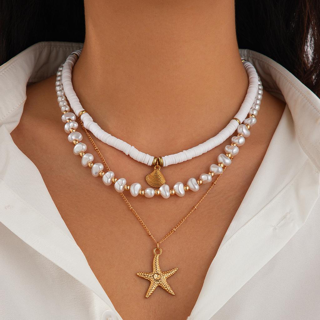 Ingemark 3Pcs Creative Heart Imitation Pearl Polymer Clay Chain Necklace Boho Metal Conch Starfish Pendant Choker Y2K Jewelry