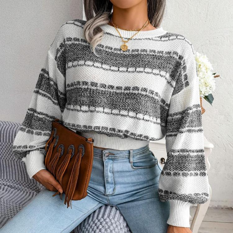 Long Sleeve Loose Knit Sweater for Women O Neck All Match Contrast Fall Winter S-L