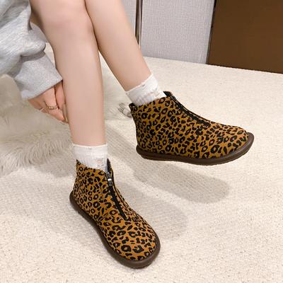 2024 New Leopard Print Short Snow Boots Side Zipper Women's Shoes Winter Plush Warm Outdoor Work Non-Slip Shoes