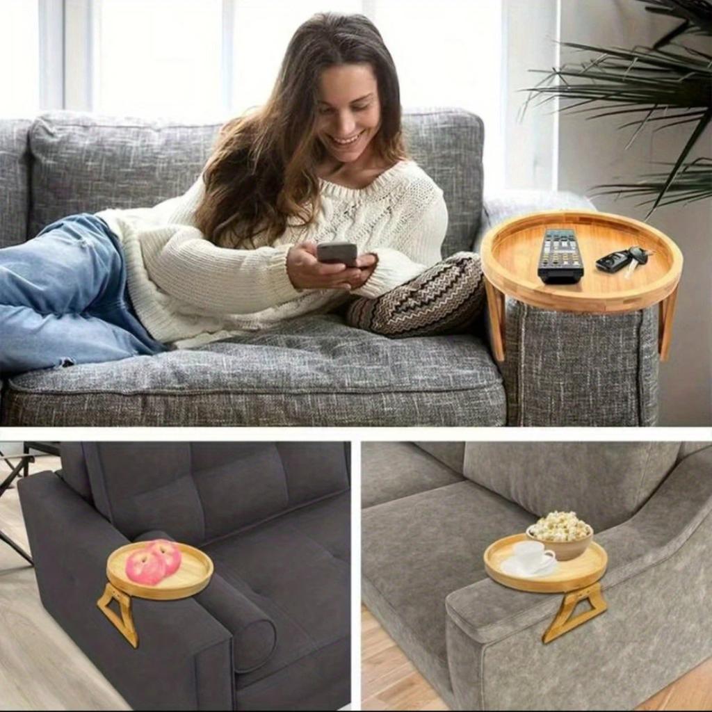 2026 Wooden Sofa Armrest Tray Circular Clip on Breakfast Tray Home Use Foldable Sofa Side Table Snack Integrated Storage Tray
