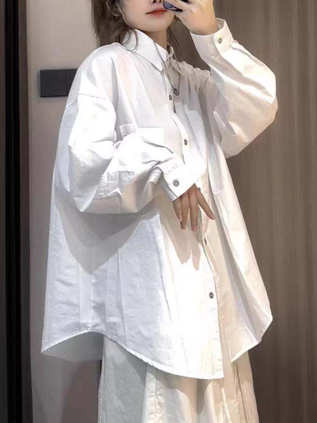 Korean Style Long Sleeve White Shirt for Women - 2026 Spring/Autumn, Versatile Loose Fit, Layered Temperament Top
