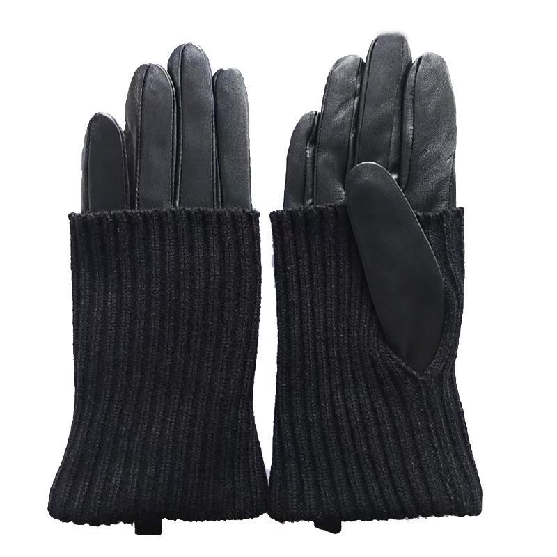Damen Strick-Rippen-Lederhandschuhe: Herbst/Winter Warm Radfahren Plus Samt Echtes Leder