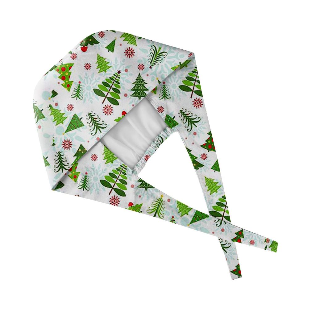 Christmas-Themed Adjustable Scrub Cap with Buttons, Santa and Tree Print, Unisex, Breathable Cotton