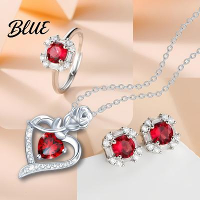 Wear-resistant Jewelry Set Red Zircon Love Heart Rhinestone Necklace Stud