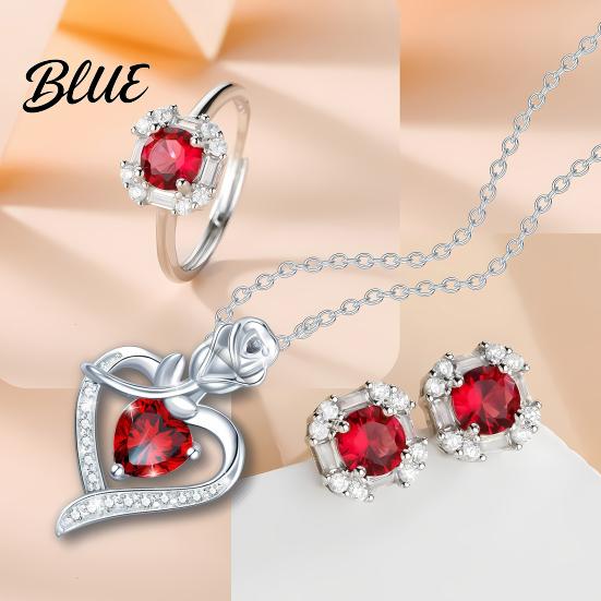 Wear-resistant Jewelry Set Red Zircon Love Heart Rhinestone Necklace Stud