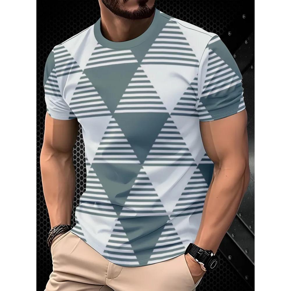 Fashionable Casual Comfortable Breathable Short Sleeved Round Neck T-shirt Summer Large Loose Creative Stripe Geometry 3D Printed Men's T-shirt