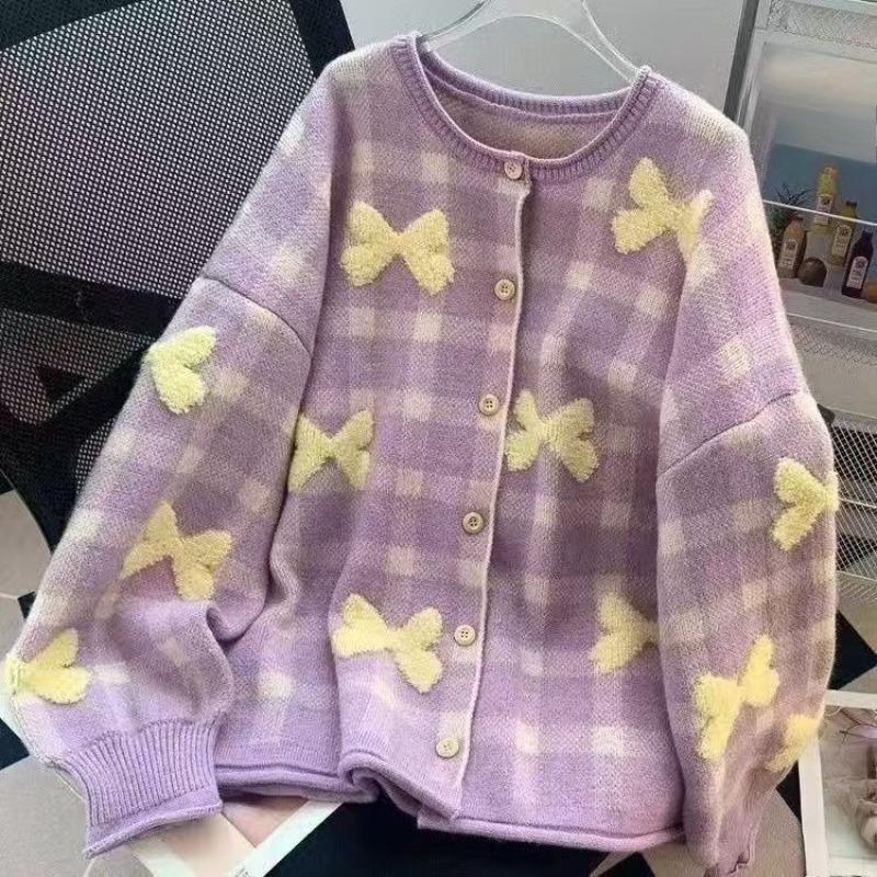 Women Solid Color Bow Plaid Sweater Korean Loose Round Neck Knitted Cardigan Autumn Versatile Lady Single Breasted Coat