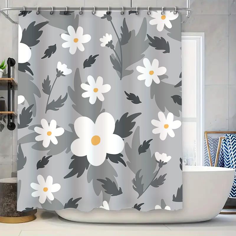 Juego de Cortina de Ducha de Flores Blancas Modernas para Decoración de Baño Tejido Impermeable Alfombrilla de Baño Revestimiento con Anillas de Gancho en Varios Tamaños