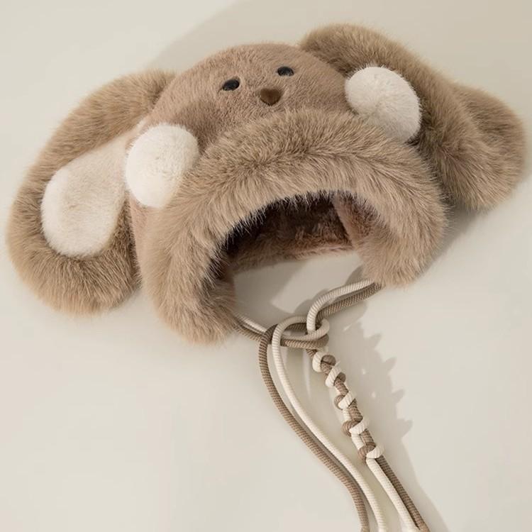 New Versatile Cute Long Ear Blush Rabbit Plush Hat for Women In Autumn and Winter Cold Protection and Warm Ear Protection Lei Feng Hat