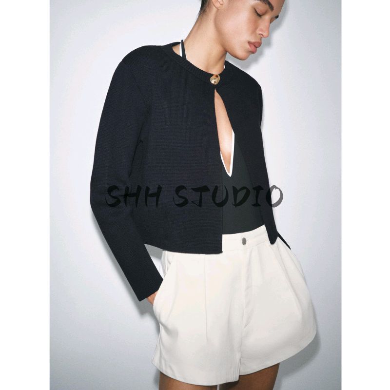 Summer New Women Clothes Simple Style Round Neck Long Sleeve Gold Decorated Row Button Knitted Cardigan Outerwear 6427013