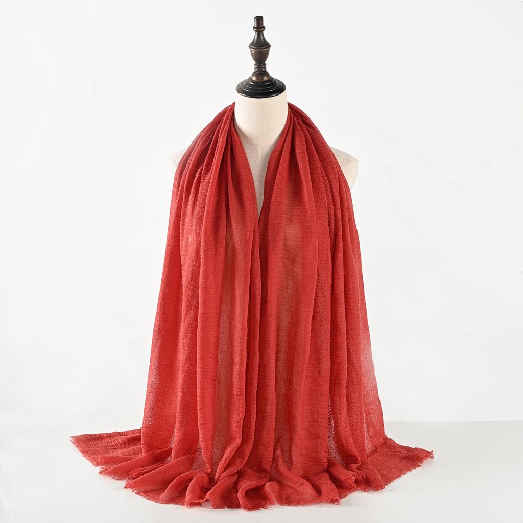 Crinkled Cotton-Linen Blend Scarf with Fringe - Solid Color, 90x180cm, Women's Headscarf