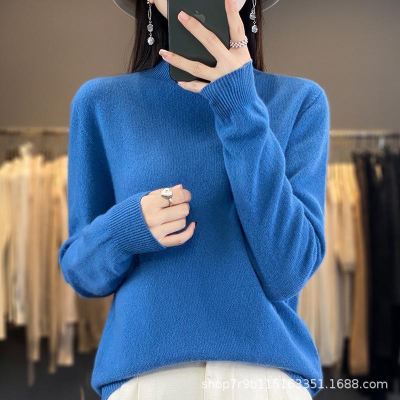 Autumn and winter new pure wool sweater women's semi-turtleneck first-line ready-to-wear wool sweater knitted sweater loose and thin bottoming shirt