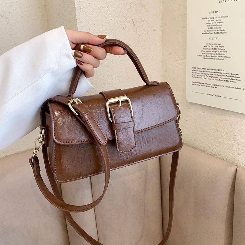 Vintage Brown Pu Shoulder Bag Four Season High-Quality Buckle Decorate Ladies Handbag Streetwear American Preppy Style Bags Y2K